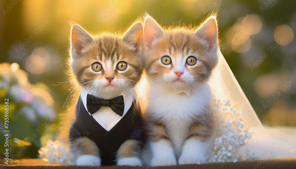 mariage de chats mignons en tenue de marié et mariée, costume et robe de célébration