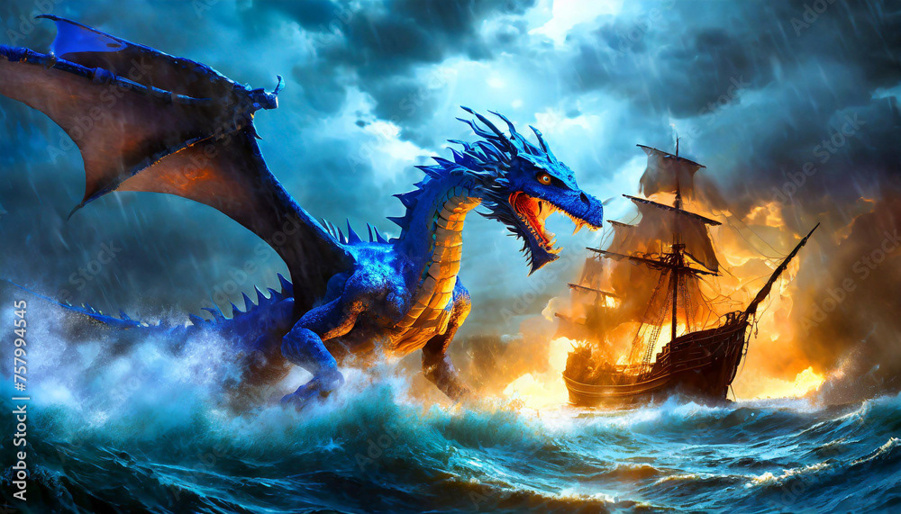 dragon qui crache du feu sur un bateau pirate ou voilier en bois, dans la tempête