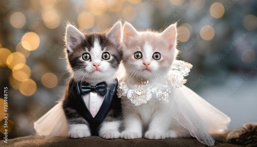 mariage chats mignons en tenue de marié et mariée, costume et robe de célébration