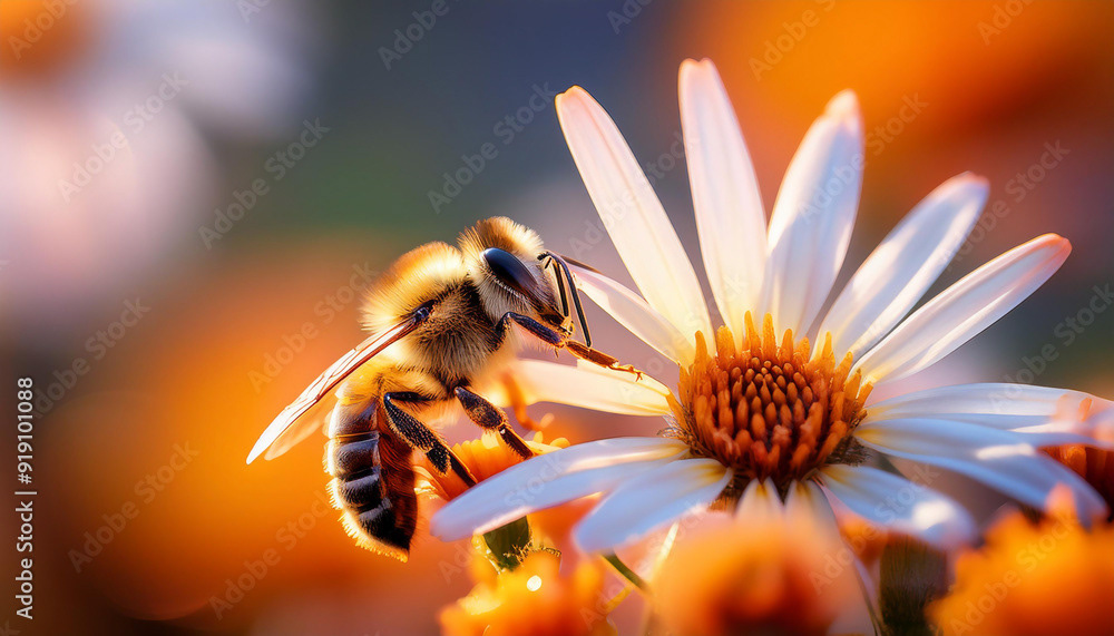 abeille posée sur une fleur de marguerite l’été au soleil, arrière-plan flou doré