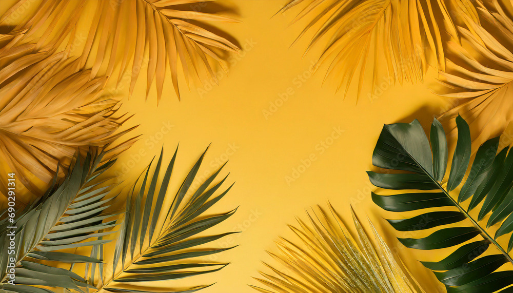 feuilles de palmier et feuillage tropical sur fond jaune, espace de copie au centre