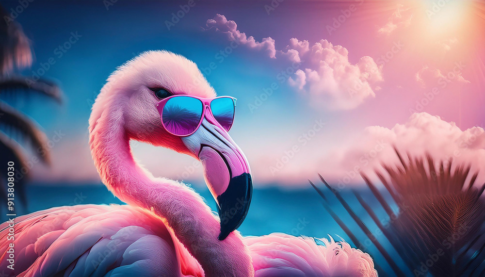 flamant rose avec lunettes de soleil, en vacances d'été en bord de mer, à la plage