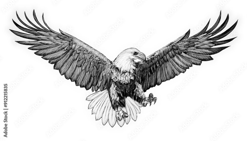 aigle les ailes déployées, dessin noir et blanc, illustration, modèle de tatouage