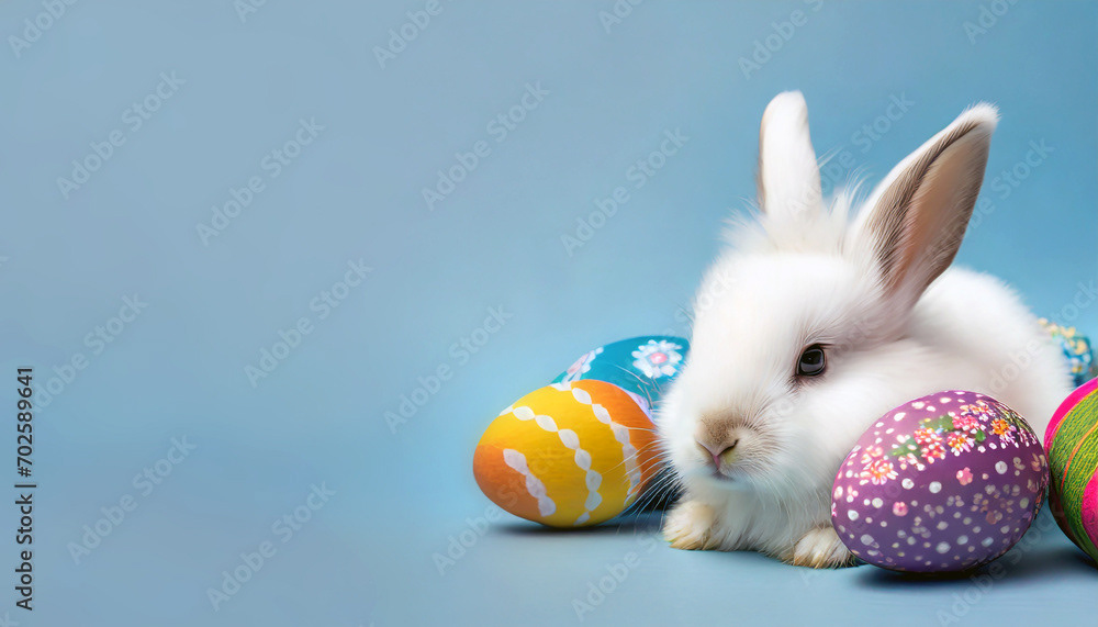 lapin blanc, œuf décoré, concept vacances de Pâques, chasse aux oeufs en chocolat