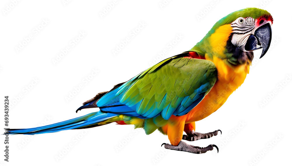 perroquet ara de couleurs bleu vert orange et jaune, vue de côté, fond blanc Isolé