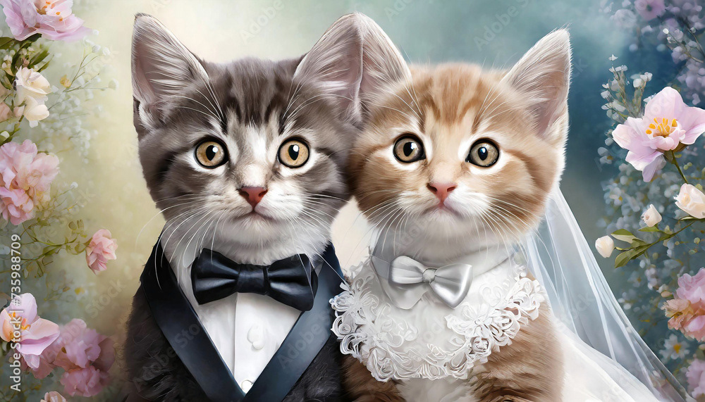 mariage de deux chatons mignons en tenue de mariage, costume et robe de célébration
