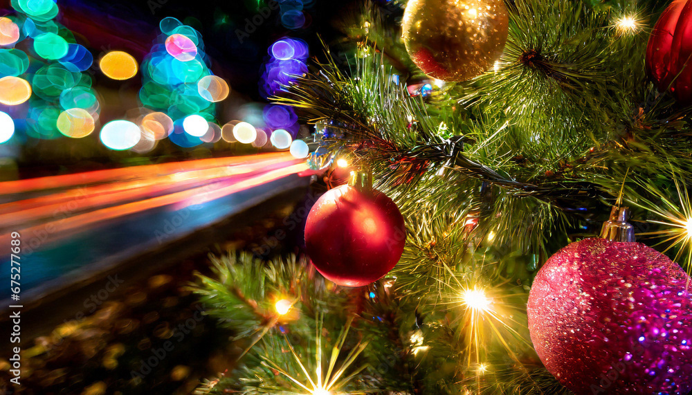 carte des fêtes de Noël, décoration avec boules et éclairages d’une ville la nuit
