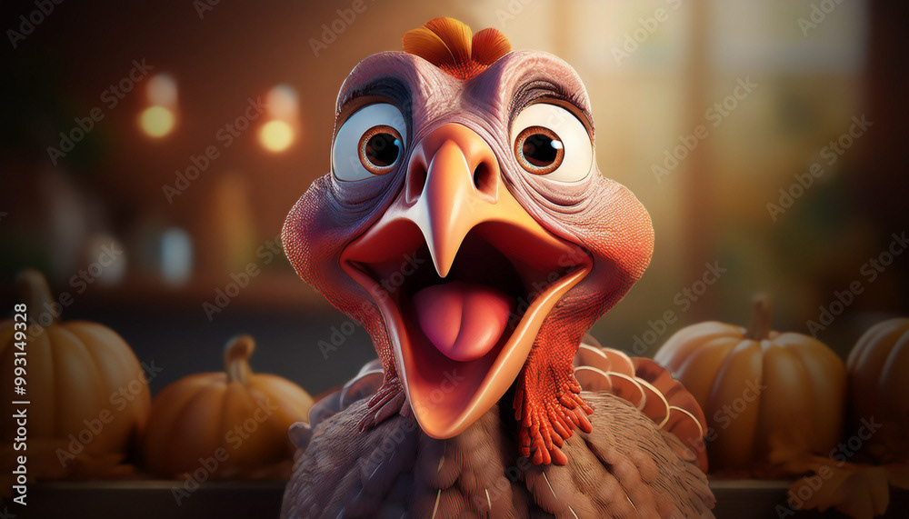 dinde de Noël ou Thanksgiving drôle et mignonne, bec ouvert, grands yeux, fond flou