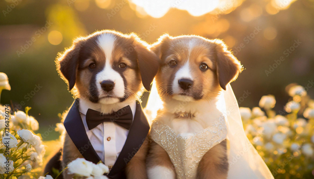 chien ou chiot mignon en tenue de mariage, célébration en costume et robe, fleurs