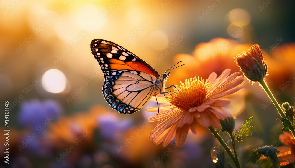 papillon monarque posé sur une fleur, arrière-plan de jardin flou l’été au soleil