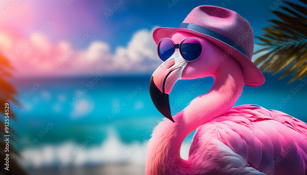 flamant rose mignon avec lunettes de soleil et chapeau, en vacances d'été à la plage