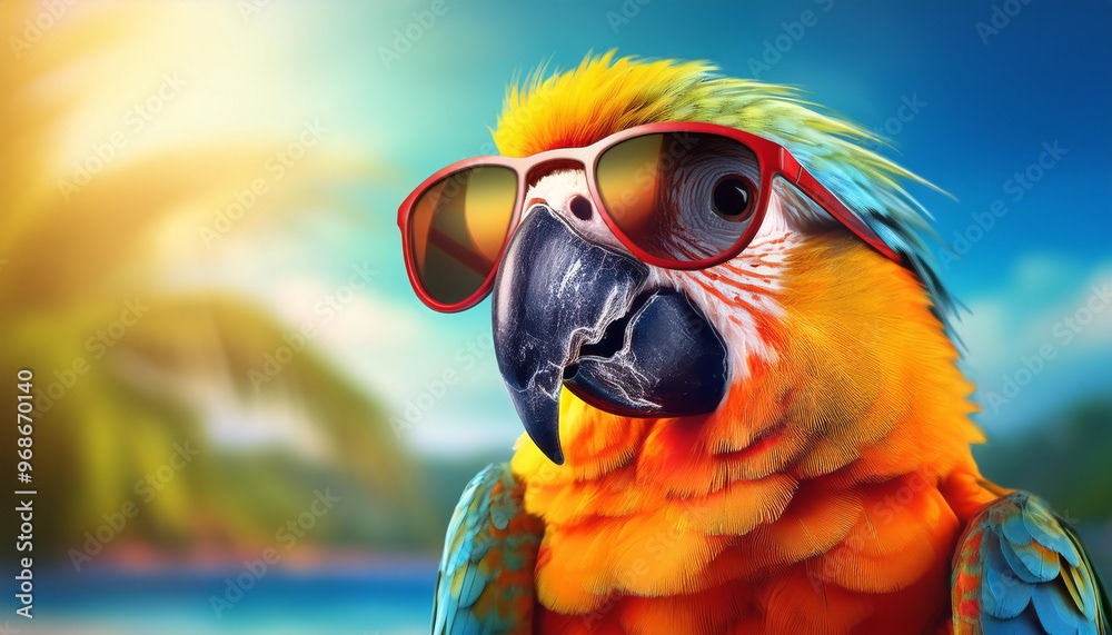 oiseau perroquet avec lunettes sur une plage l'été, concept de vacances ou voyage