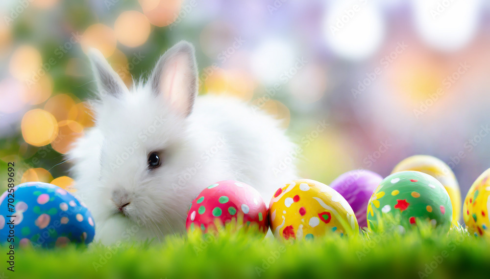 pâques lapin blanc, œuf peint décor coloré, concept de fête et vacances de Pâques