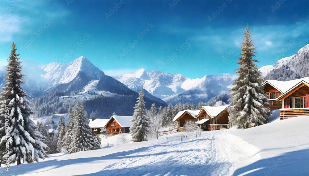 paysage de vacances à la neige, au ski, à la montagne, loisirs, location, l’hiver