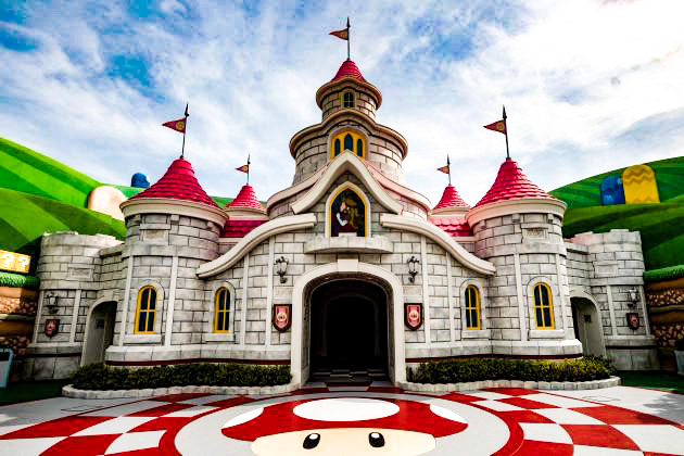 This picture taken on March 17, 2021, shows Peach's Castle during a media preview of the Super Nintendo World at Universal Studios Japan in Osaka. / AFP / Philip FONG