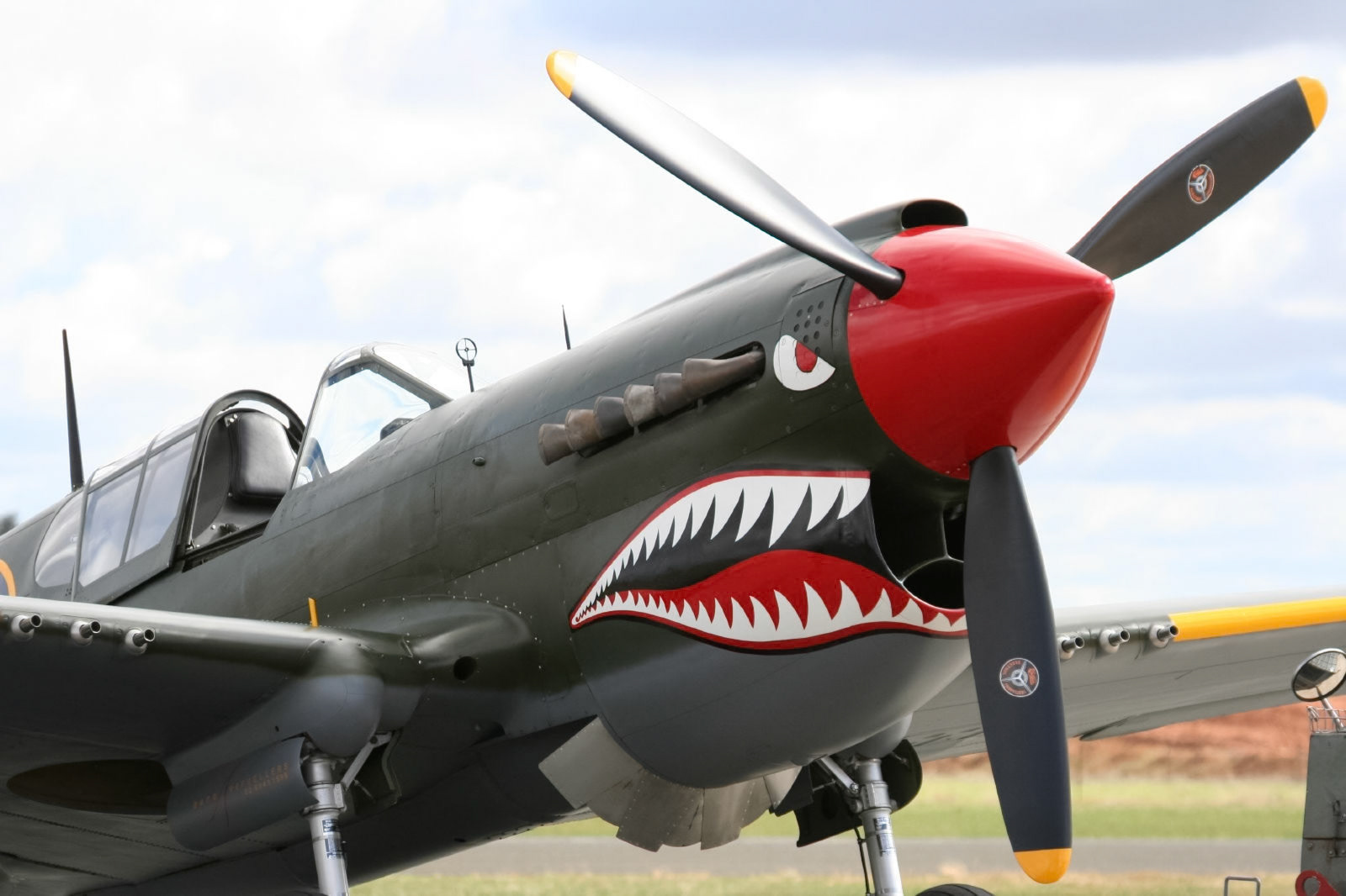 A detailed view of a Curtiss P-40 Warhawk fighter plane, showcasing its iconic shark mouth nose art and propeller.