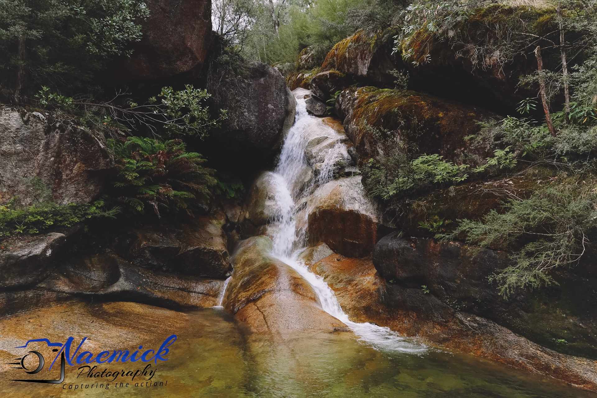 A waterfall cascades over mossy rocks and into a clear pool in Victoria, Australia. "Naemick Photography Capturing the action!"