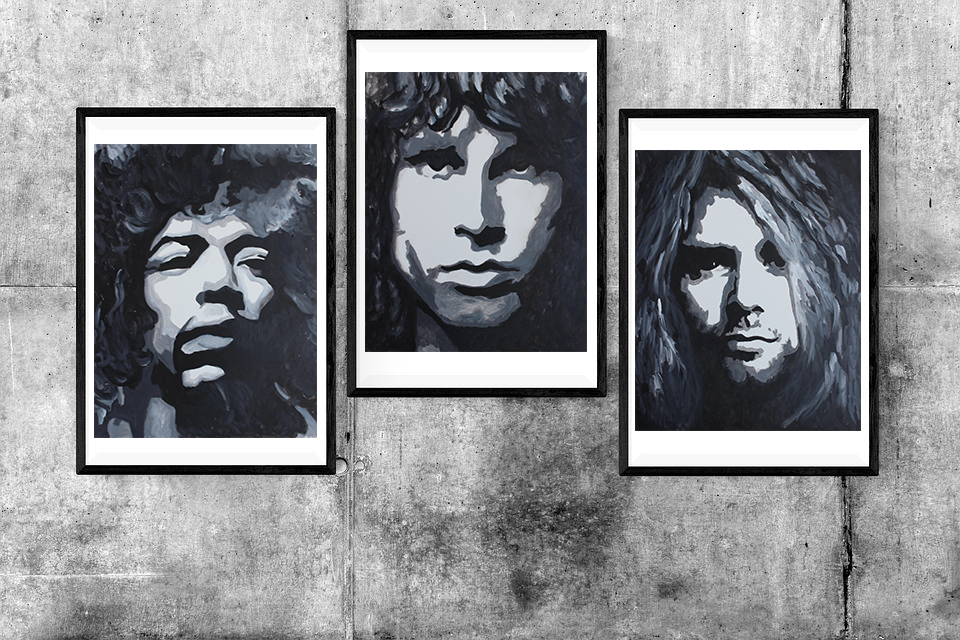Black and white abstract acrylic paintings of Jim Morrison, Kurt Cobain, and Jimi Hendrix