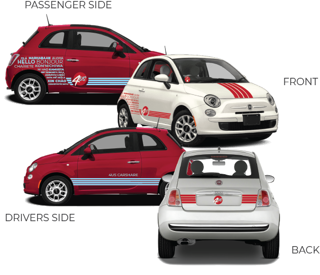 4US Carshare Fiat 500 fleet. Front, back, passenger side, and driver side view. Red and white options