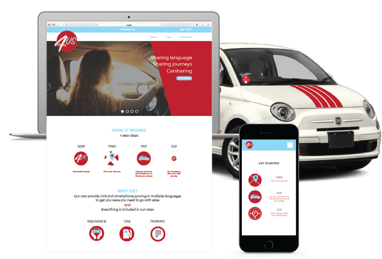 4US Carshare website and mobile app. Sharing language. Sharing journeys. Carsharing. How it works.