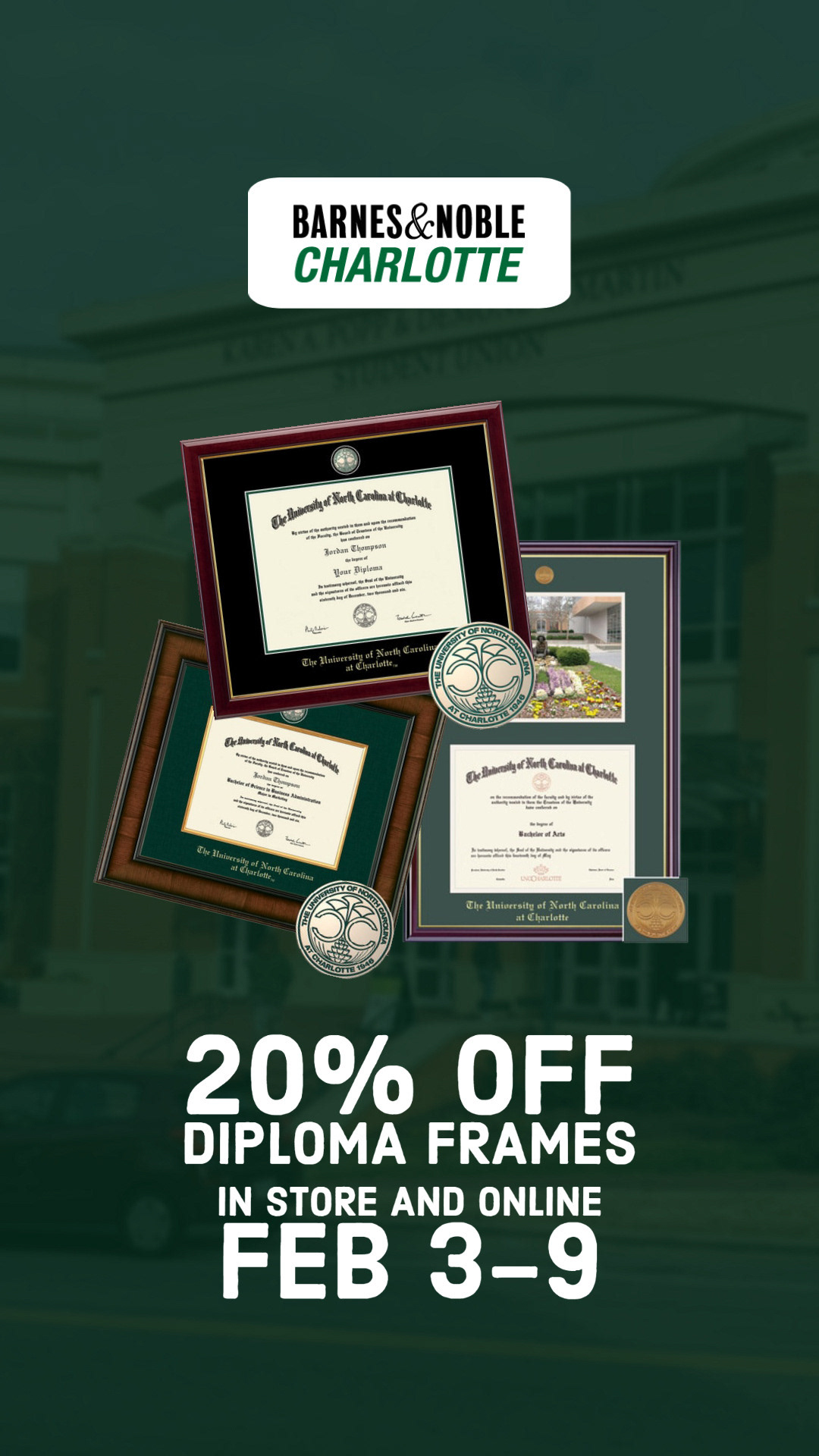 Diploma frame sale promotional graphic for UNC Charlotte Auxiliary Services' Instagram story.