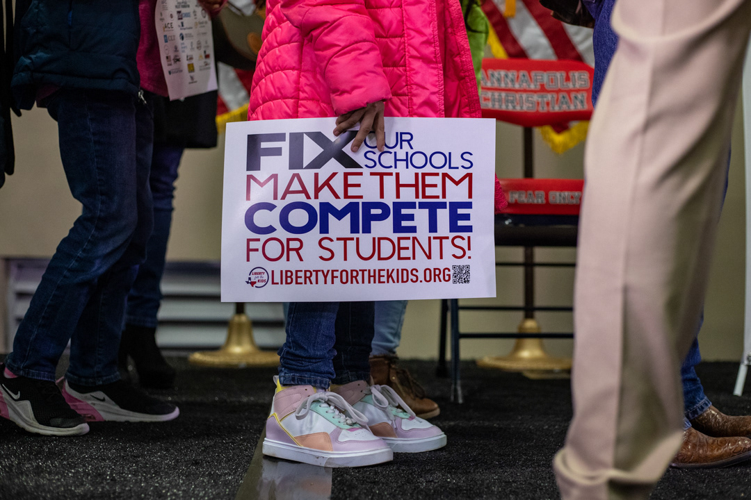 Gov. Greg Abbott speaks at  Parent Empowerment Night at Annapolis Christian Academy in Corpus Christi on Jan. 31, 2023 to discuss parent empowerment and choice in their child's education. Blaine Young for The Texas Tribune