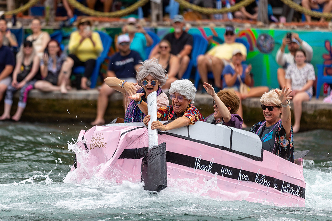 Thru the Chute team The Golden Girls paddle toward the wall at the other end of the Tube Chute at Prince Solms Park on April 27, 2024. BLAINE YOUNG | Herald-Zeitung