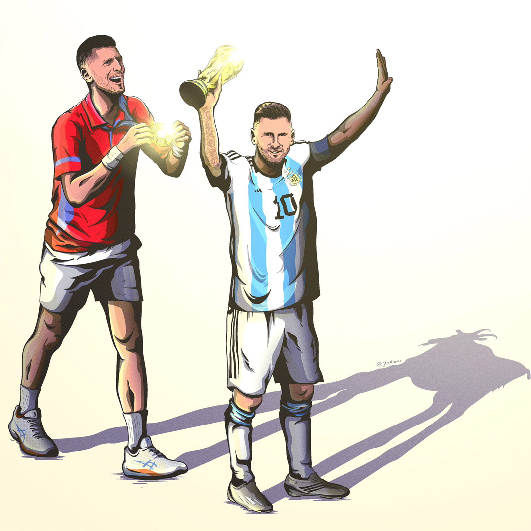 Novak Djokovic and Lionel Messi completing their respective sports