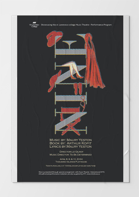 Poster for the nine musical. The word Nine is placed vertical with hates, gloves, shoes, directors chair and a dress placed all over the word. They are drawn red and are covered in a circle pattern that gives it a print effect. The poster is placed on white paper with a bit of crumpled paper on a white wall.