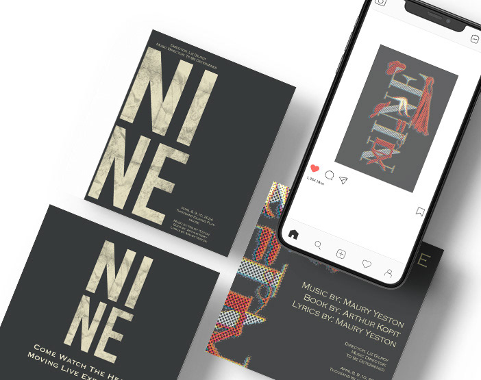 "A phone mockup with the poster and multiple different variations with two different panels. One with a half-shaped nine title card in a bone color, while the other is a bolder and cleaner nine title."