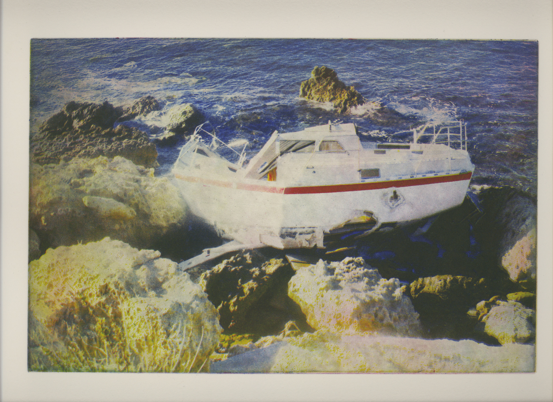 'Transit' (20126) is a colour polymer photogravure by Jan Peeters, depicting the shipwreck of a sailing boat found on La Pointe Noire in La Couronne, France.