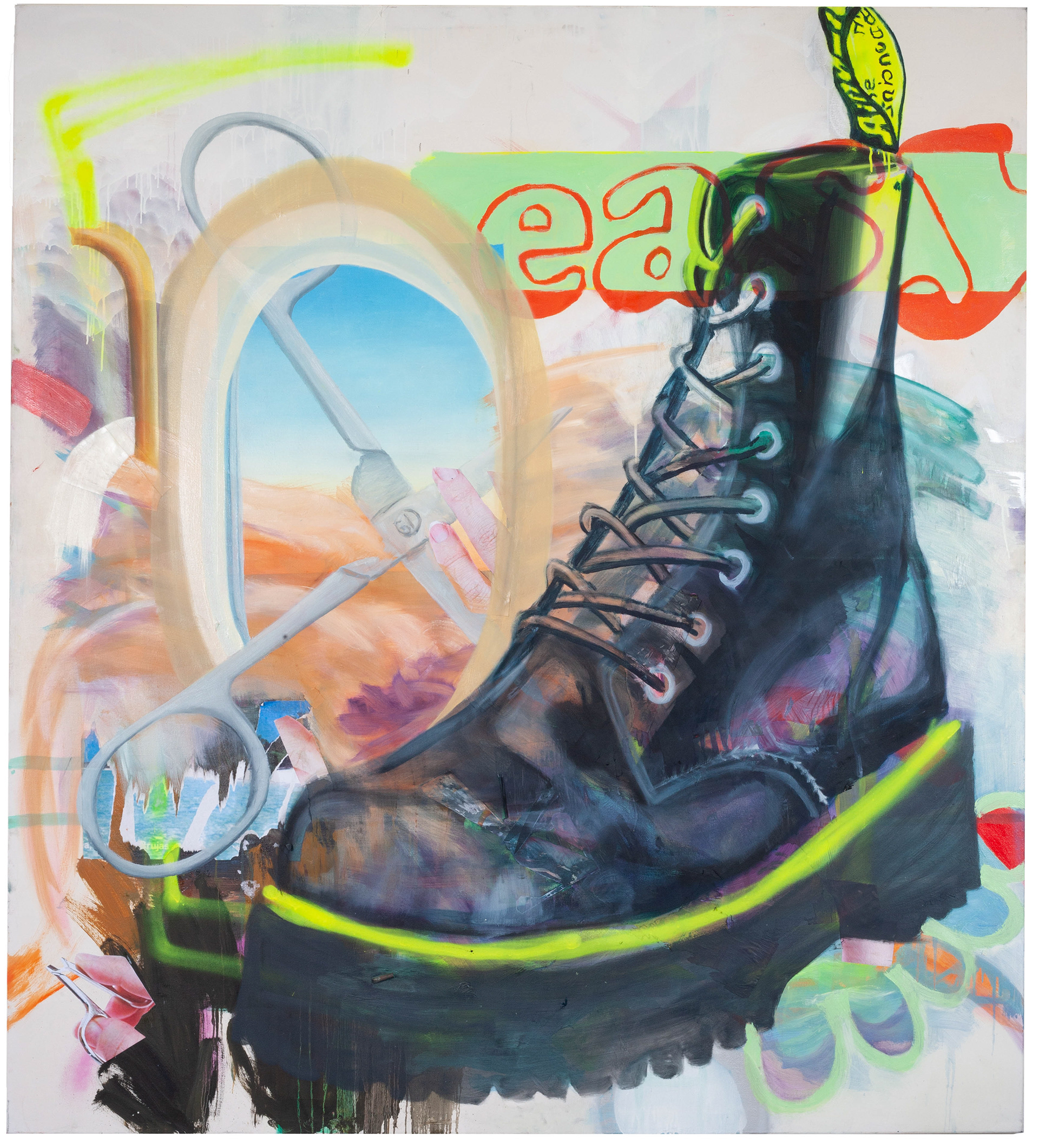 Generation Easy, Oil, spray paint, paper on canvas, 200 × 220 cm, 2019