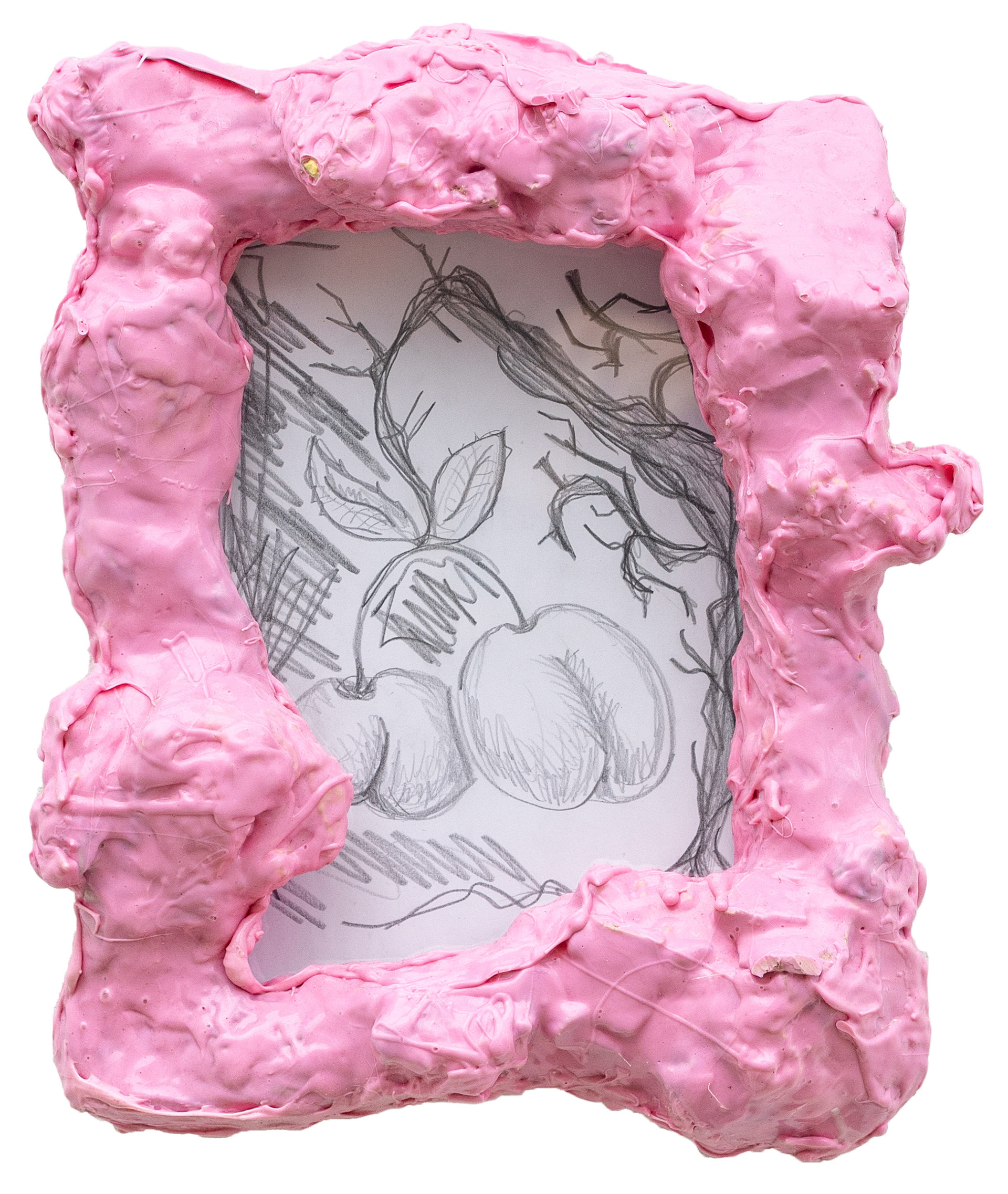 peach chewing gum, 42 × 38 × 8 cm, Pencil drawing on paper, silicon frame, 2021/2022