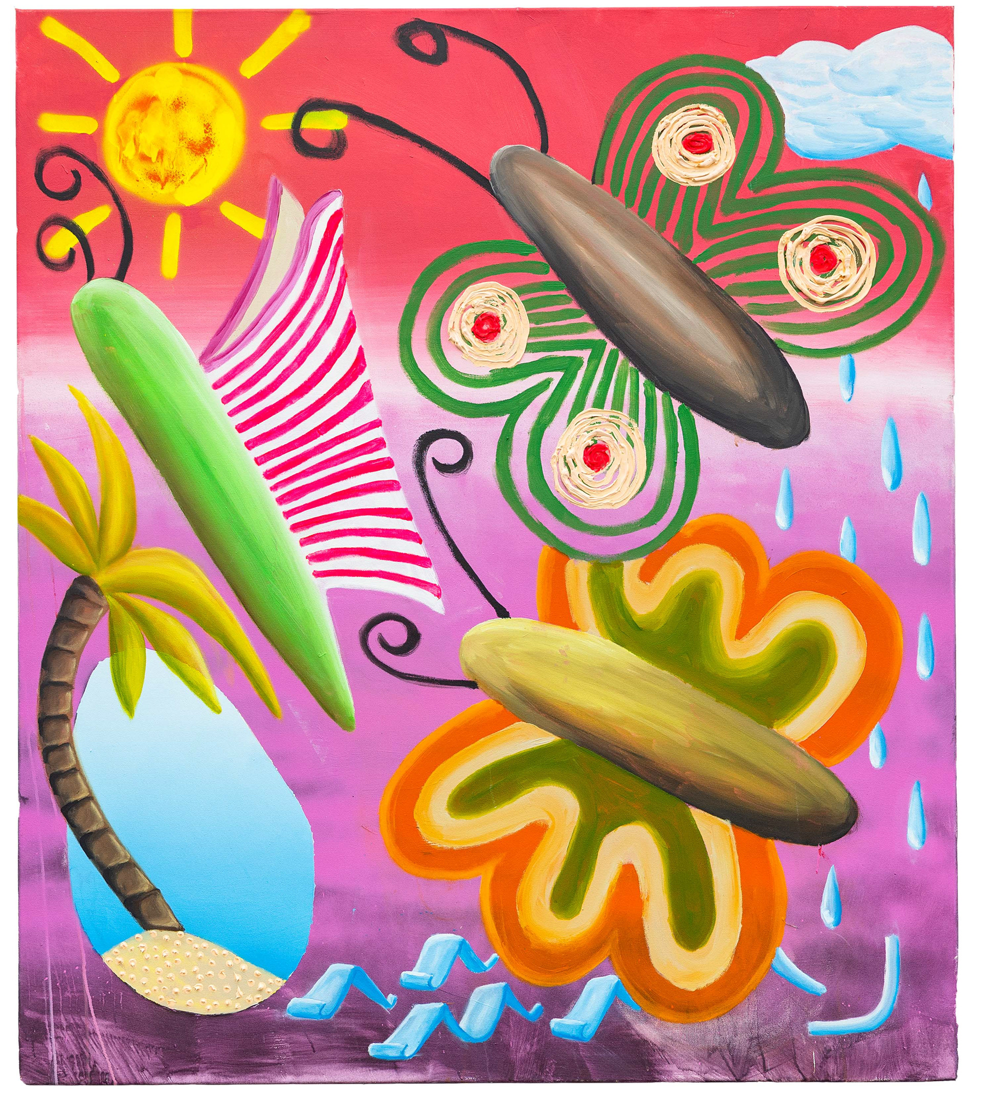 2 Schmetterlinge, 1 Saure Gurke und der zauberhafte Kreislauf der Natur, 160 × 150 cm, Acrylic on canvas, 2021