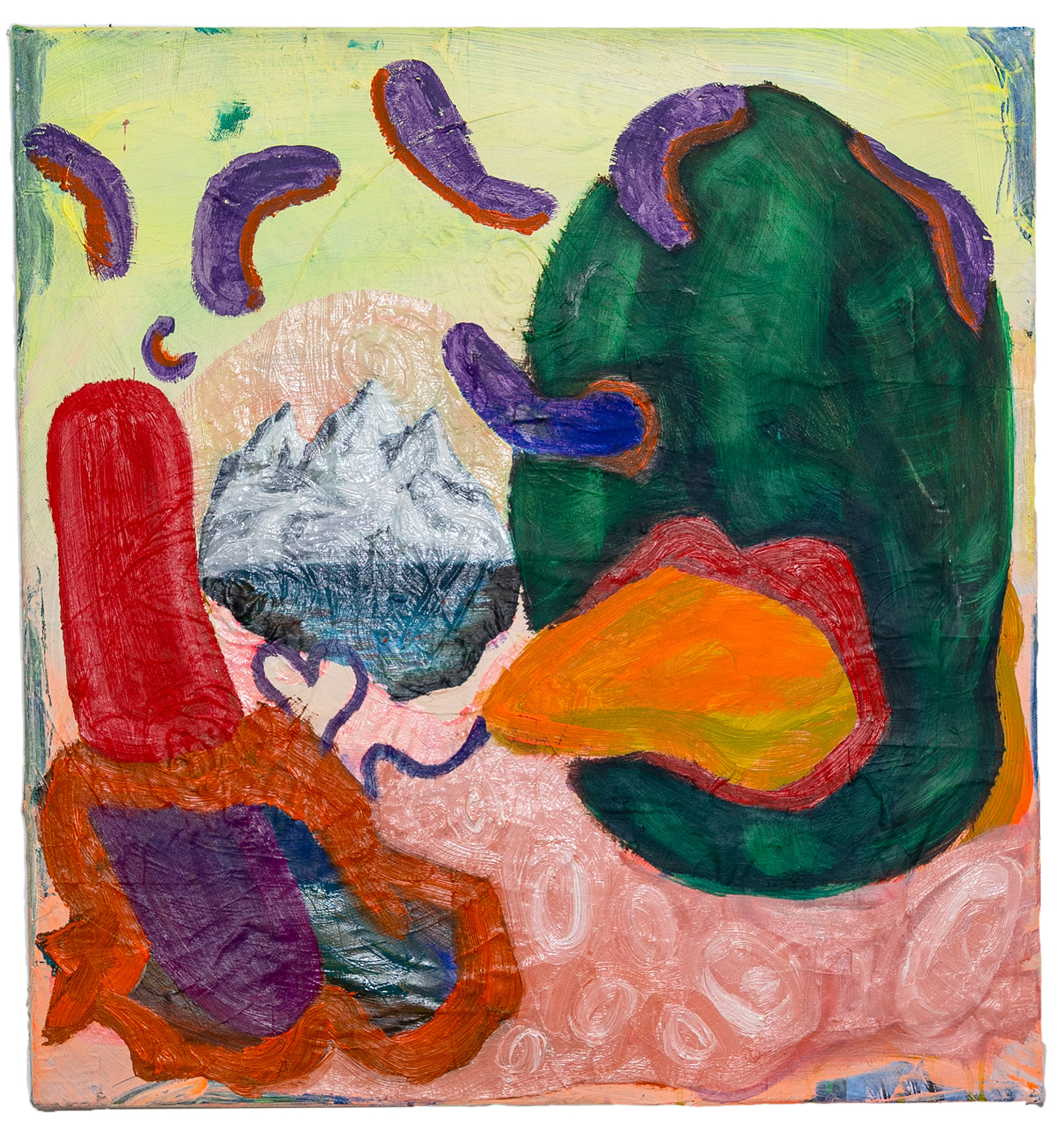 die wunderbare Verbindung Herz Hirn mit Bob Ross Berg im Weg, Oil, acrylic on canvas, 77 × 84 cm, 2022