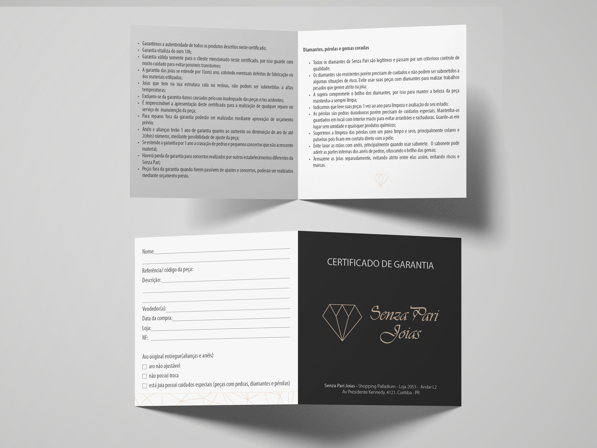 Cartão de Garantia. Cliente Senza Pari