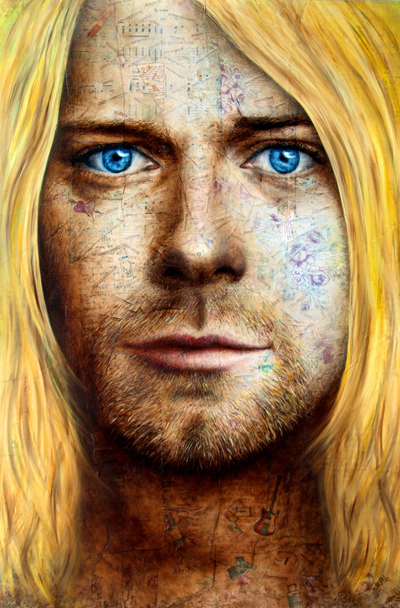 Nothing Matters Anymore 90x60 cm (homage to Kurt Cobain) oil and collage on board