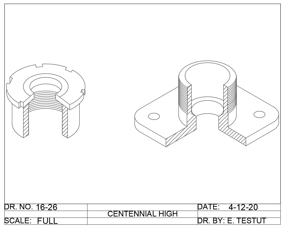 I created this drawing during the COVID-19 Pandemic to sharpen my AutoCAD skills. It combines three techniques I learned in this class before school was dismissed for the remainder of the year: isometric view, sections, and threads.