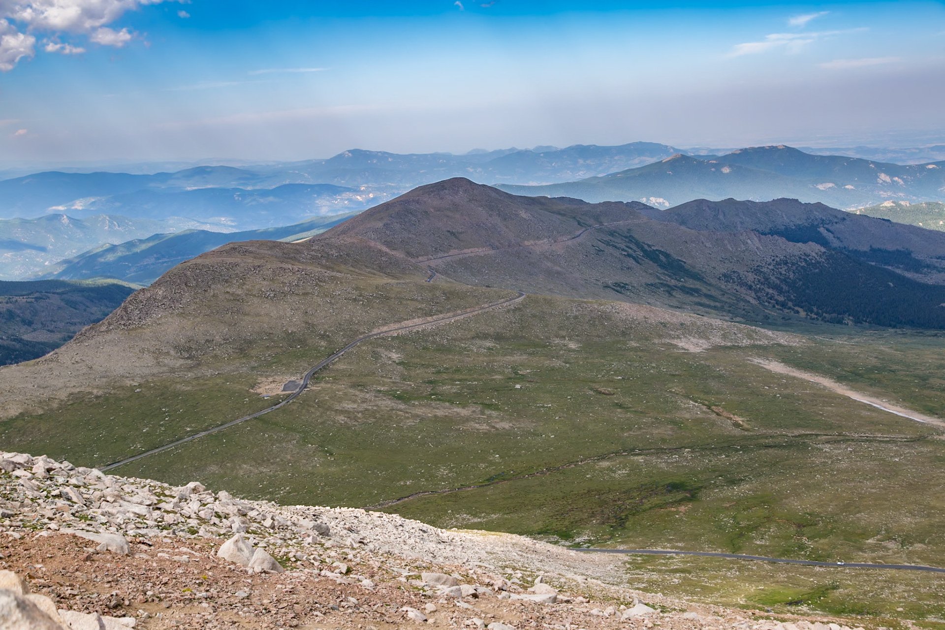 180731_075 Mount Evans Scenic Byway can be seen from the summit of Mount Evans in the Rocky Mountains of Colorado