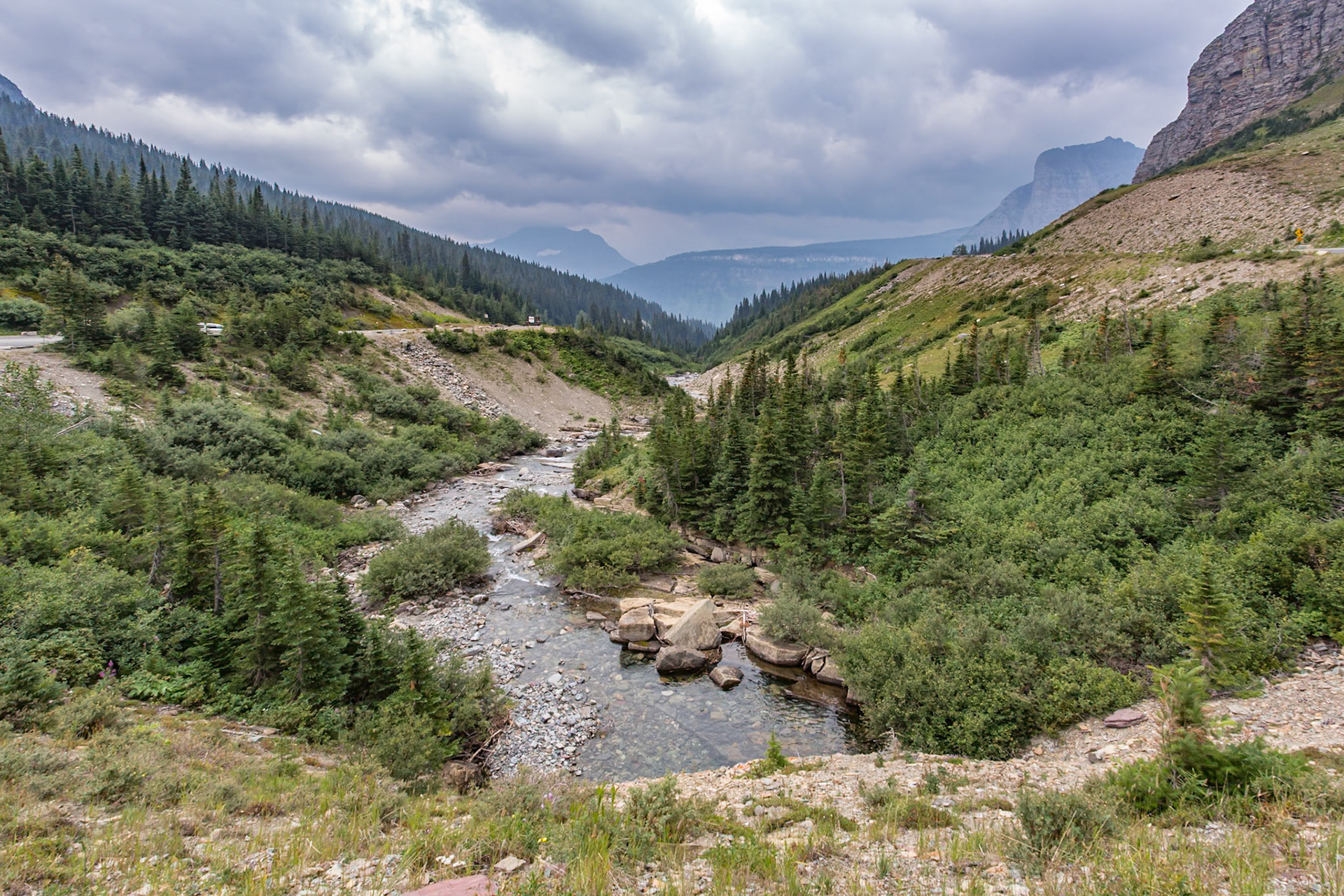 180826_070 Siyeh Bend hairpin turn on the Going to the Sun Road at Piegan Pass in Glacier National Park, Montana