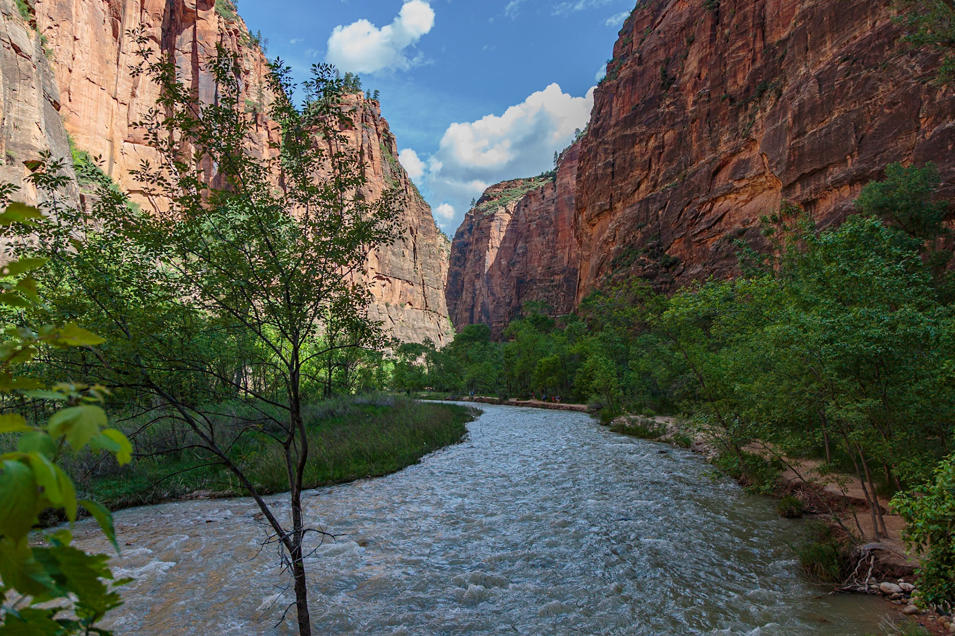 190531_381 Virgin River runs between sandstone rock formations along the Riverside Walk in the Temple of Sinawava area of Zion National Park, Utah