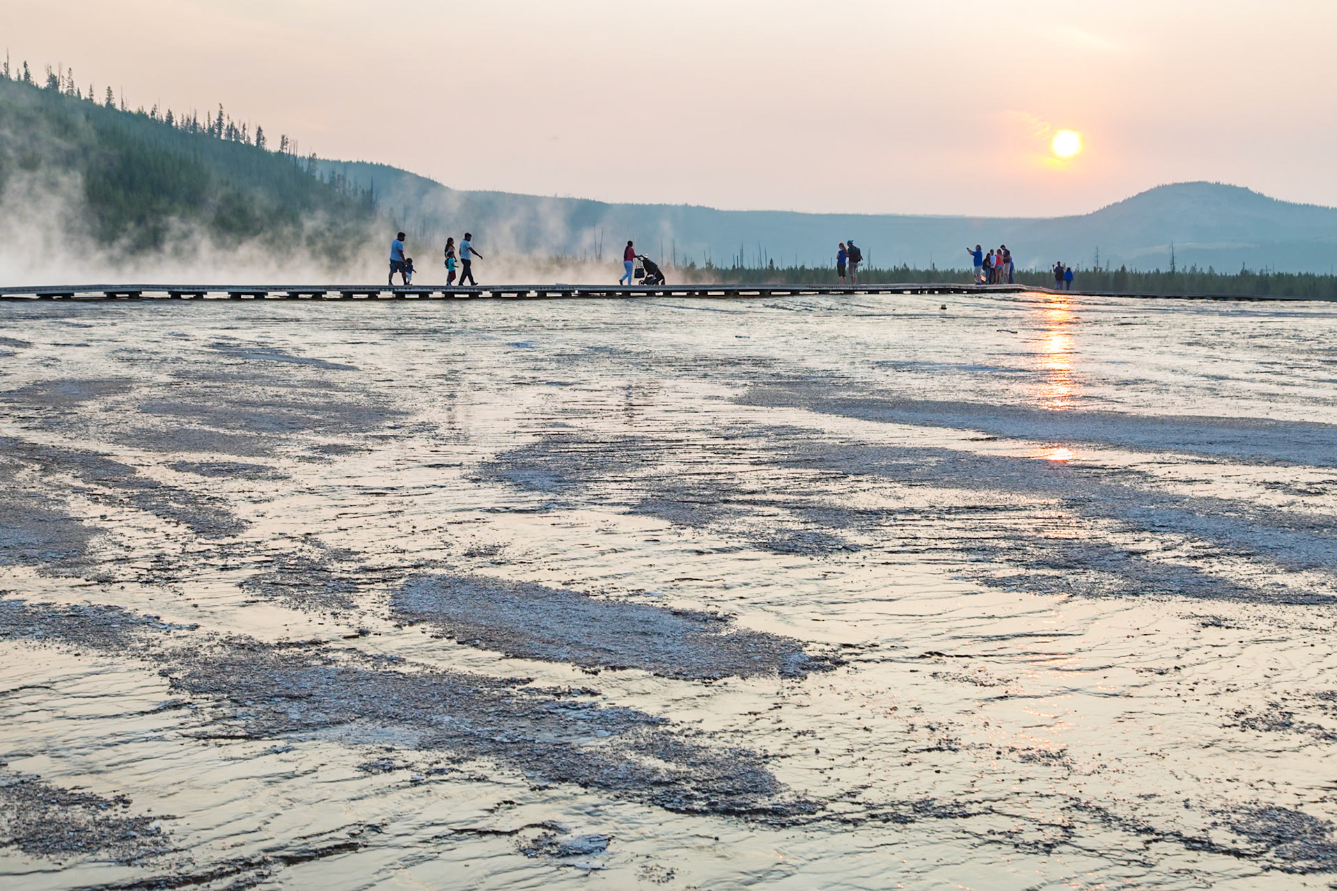 180819_351 Park visitors walking along the boardwalk through the Midway Geyser basin area of Yellowstone National Park