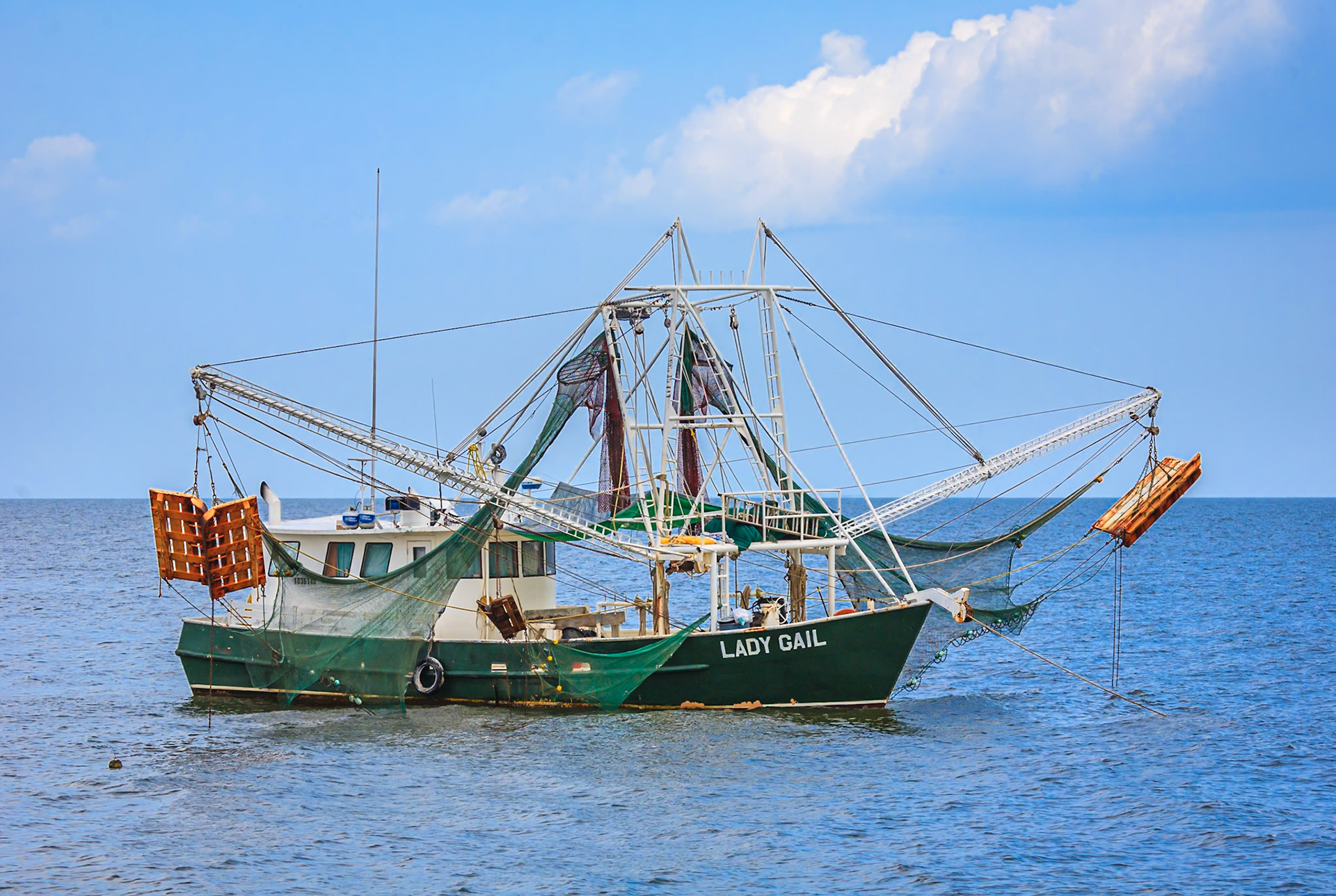 140728_051 Lady Gail commercial fishing boat moored offshore at Pass Christian, Mississippi