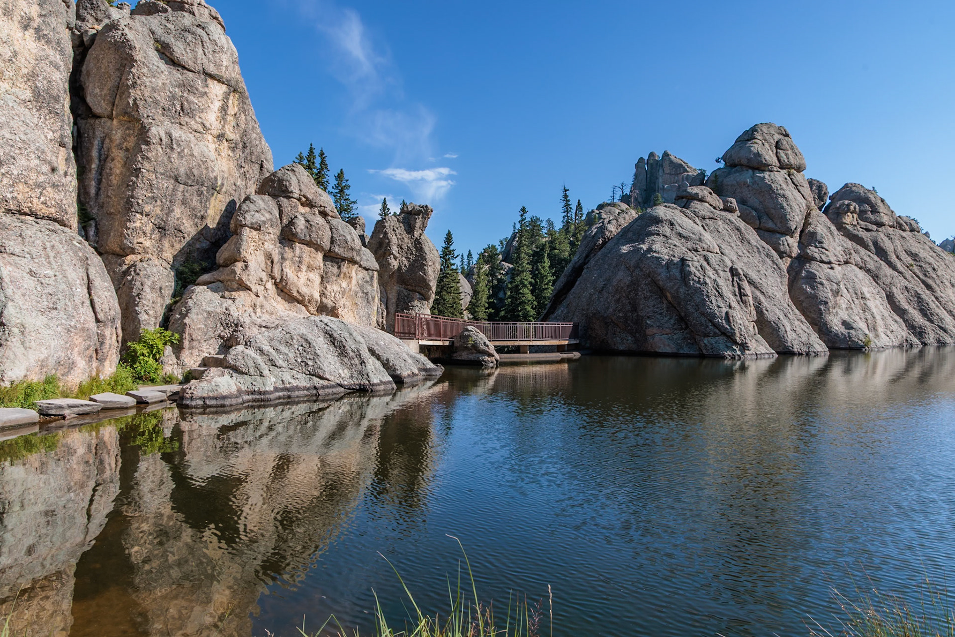 240817_075 Walkway across spillway of Sylvan Lake in Custer State Park, South Dakota, USA