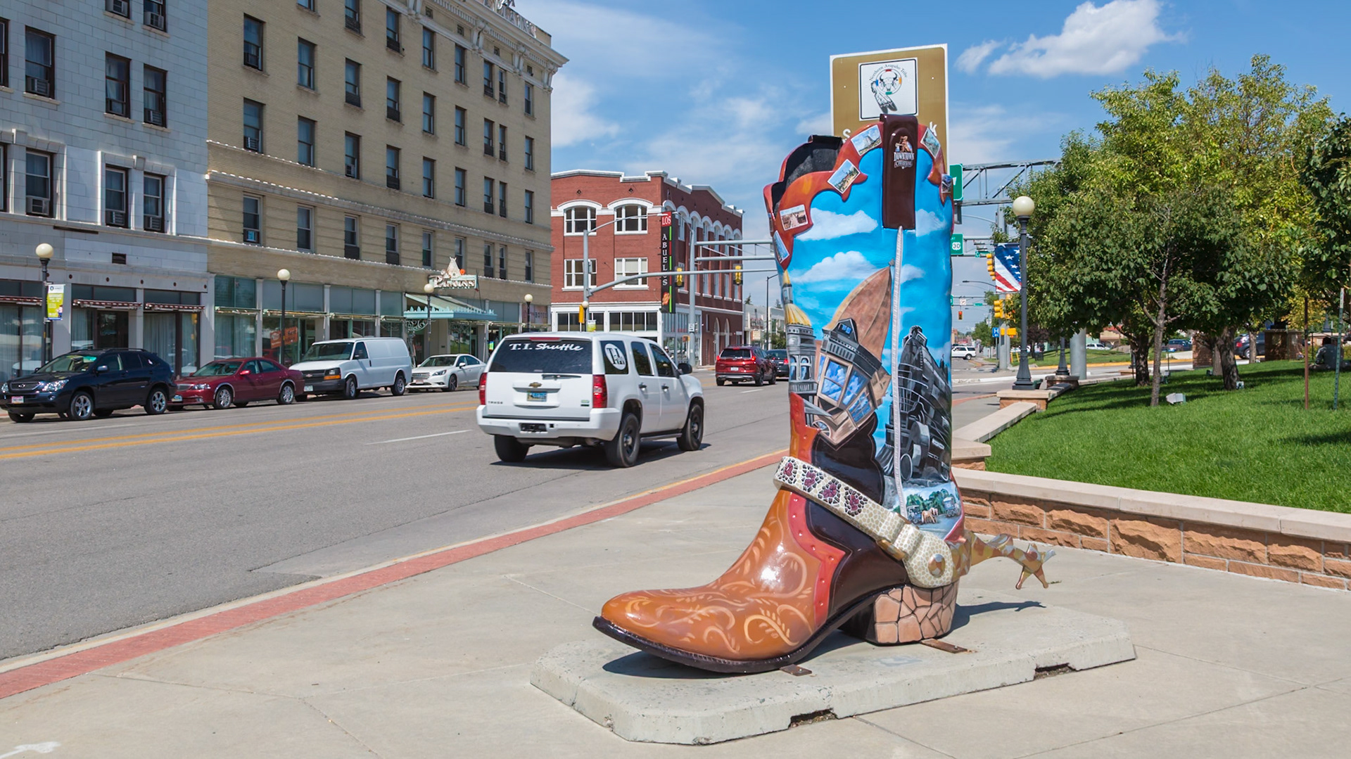 180808_071 Painted boot is part of the Cheyenne Big Boots project to raise funds for the Cheyenne Depot Museum Endowment Fund in Cheyenne, Wyoming