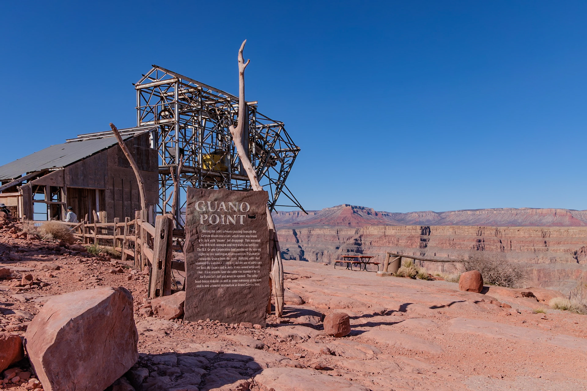 230405_238 Sign at mining cable head-house tells history of bat guano mining at Guano Point in Grand Canyon West near Peach Springs, Arizona