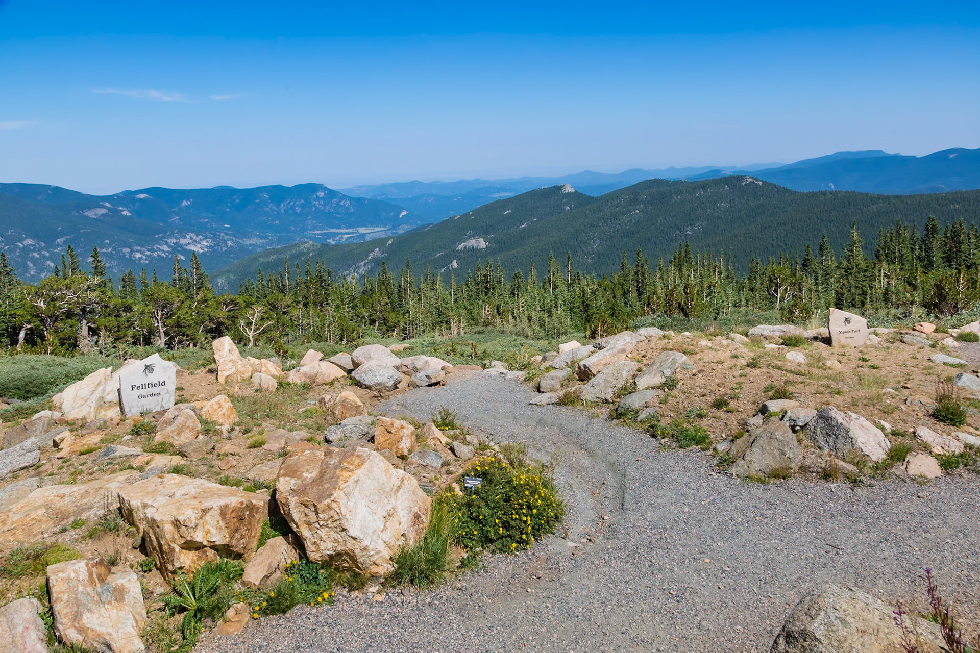 180731_041 Stone signs describe different types of terrain on a mountainside of the Rocky Mountains of Colorado