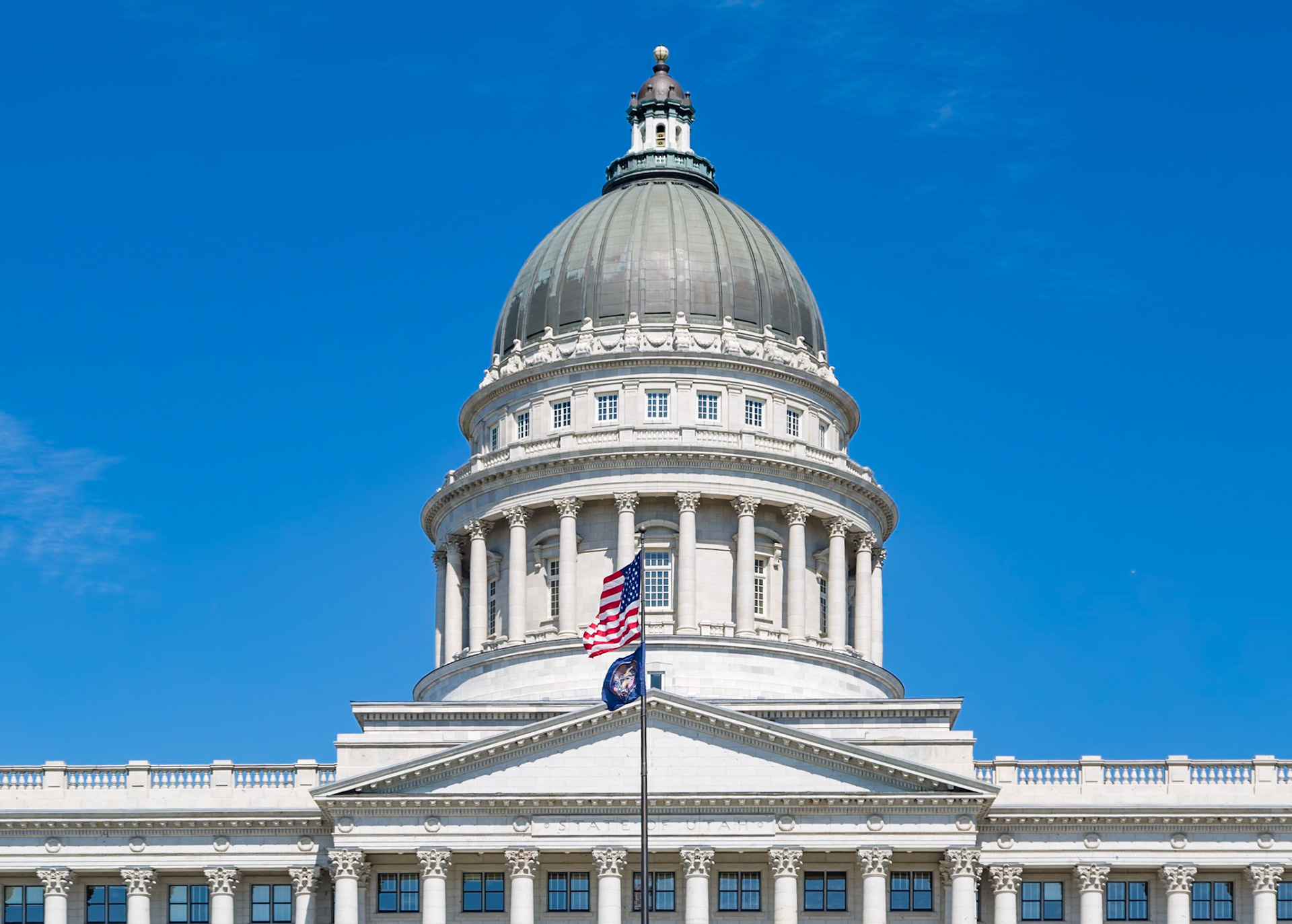 180915_031 Close up view of the American flag fiying over the Utah State Capitol building in Salt Lake City, Utah