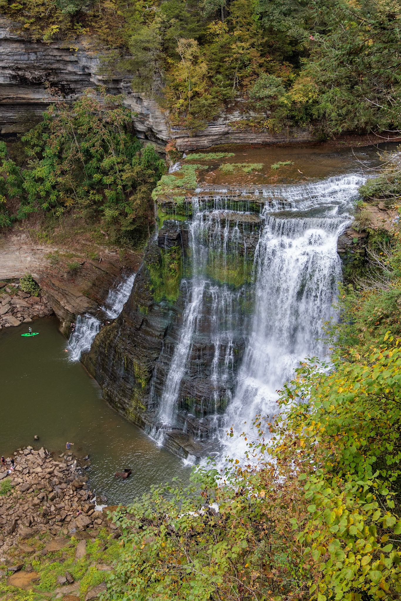 231006_042 Swimmers and paddleboarder at the base of Burgess Falls along the River Trail, Falling Water River, Burgess Falls State Park near Sparta, Tennessee USA