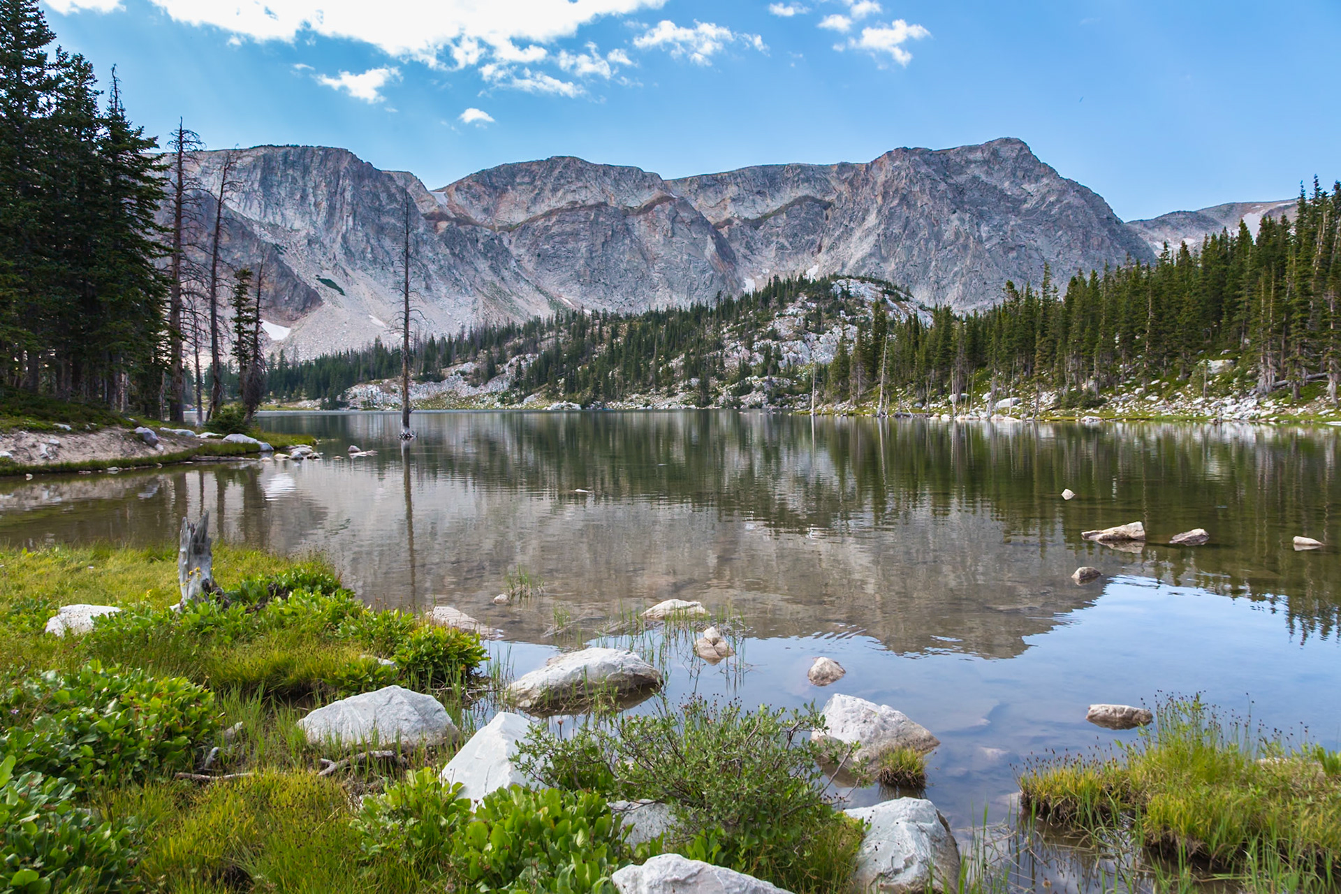 180811_254 Reflection of the mountains on Mirror Lake  in the Snowy Range area of the Medicine Bow National Forest in Wyoming
